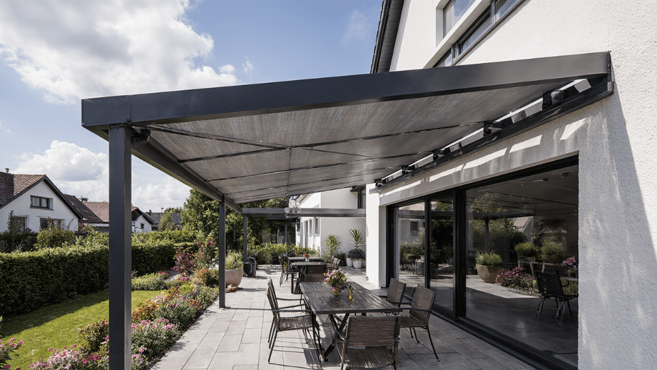 Terrassenüberdachung mit Montage in der Nähe - Seiteansicht geschlossene Alu Überdachung auf Balkon