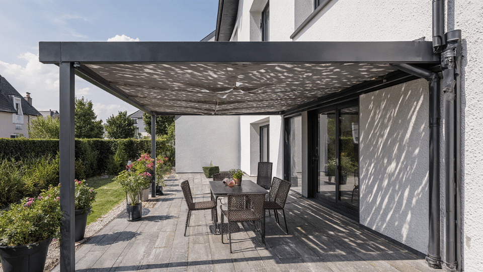 Terrassenüberdachung mit Montage in der Nähe - Seitenansicht Alu Überdachung auf Balkon