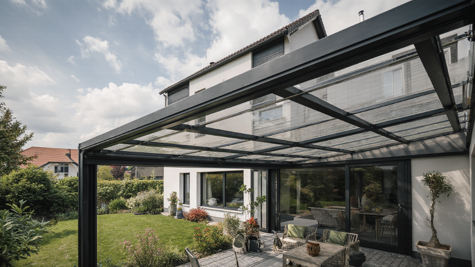 Terrassenüberdachung mit Montage in der Nähe - Überdachung anthrazit Queransicht