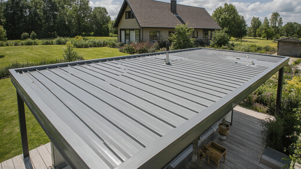 Terrassenüberdachung mit Montage in der Nähe - Schwarze Überdachung mit geschlossenen Lamellen