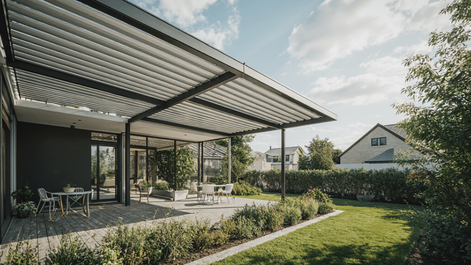 Terrassenüberdachung mit Montage in der Nähe - Weiße Überdachung mit Lamellen
