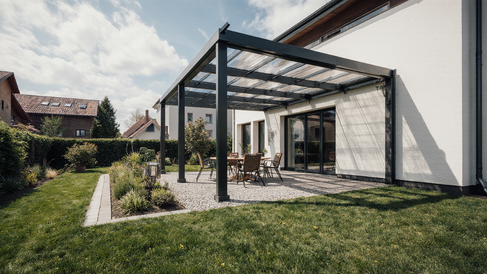 Terrassenüberdachung mit Montage in der Nähe - Hochwertige moderne Glasüberdachung mit Terrasse