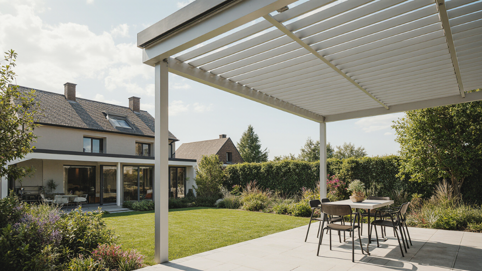 Terrassenüberdachung mit Montage in der Nähe - weiße Aluüberdachung mit Blick in den Garten