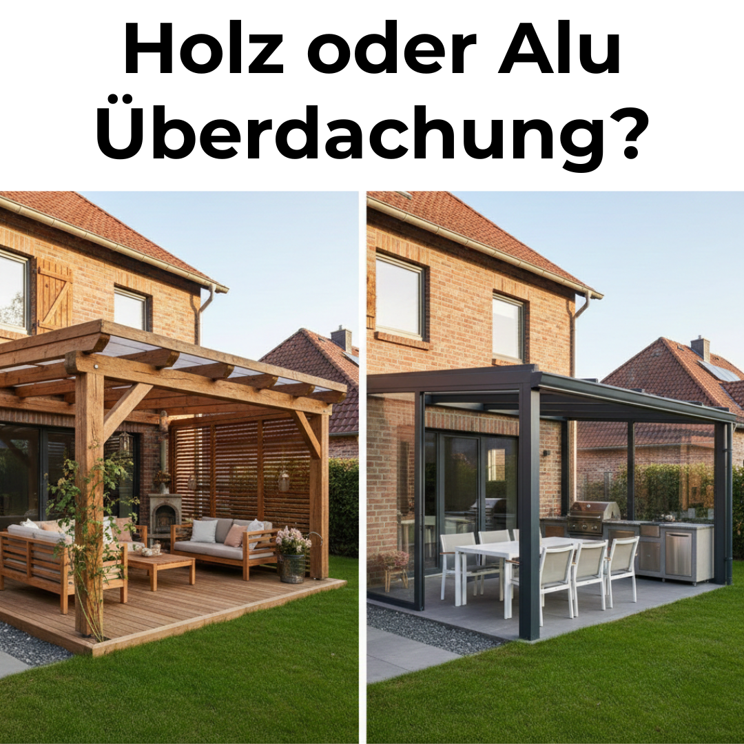Holz und Alu Terrassenüberdachungen nebeneinander