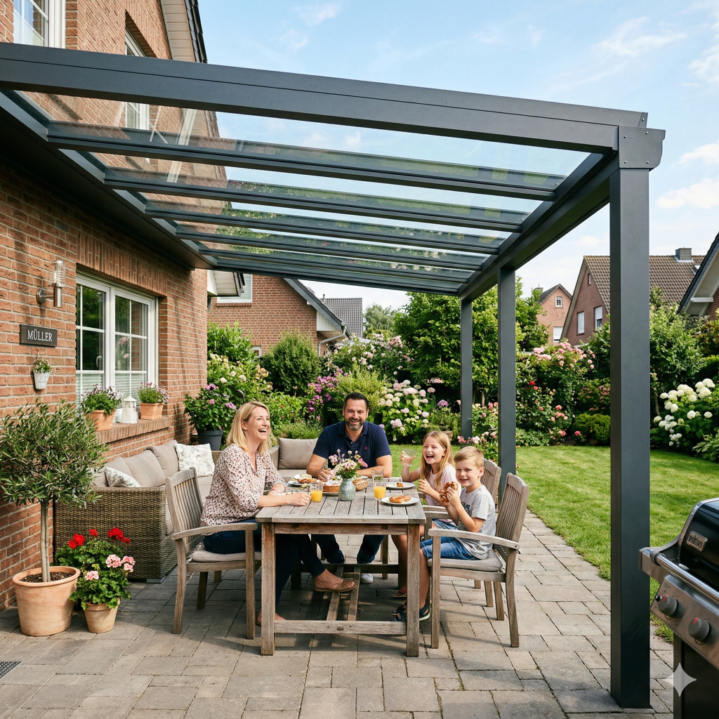 Terrassenüberdachungen Herne - Familie sitzt im Garten unter ihrer Pergola
