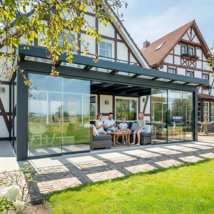 Aluxe Ultraline Classic - glückliche Familie sitzt im Garten unter ihrerem Terrassendach