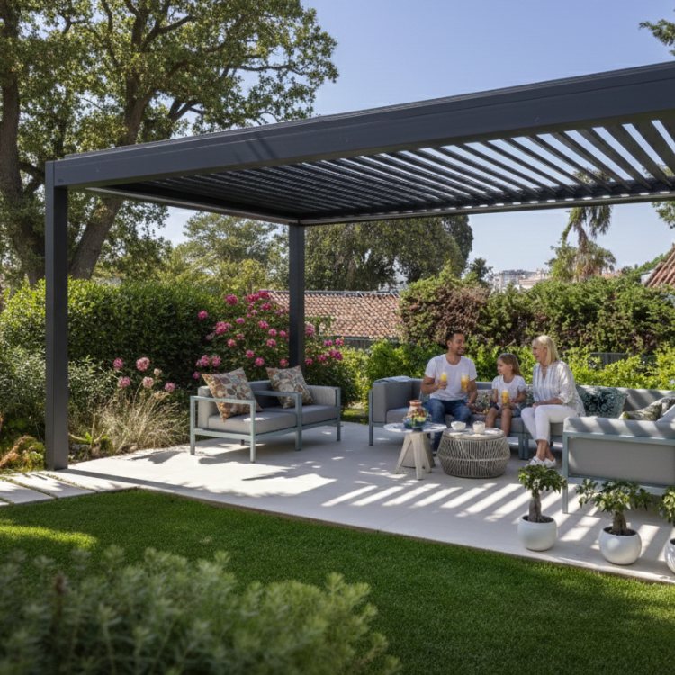 Brustor Terrassenüberdachung Lamellendach - Eine glückliche Familie sitzt in ihrem Garten