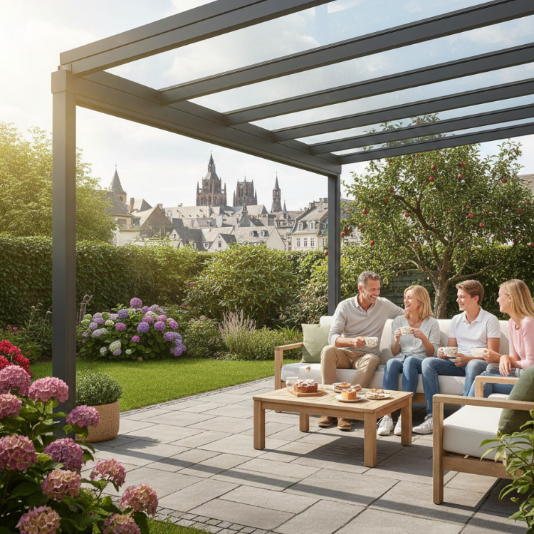 Terrassenüberdachungen Aachen - Familie sitzt im Garten unter ihrem Terrassendach