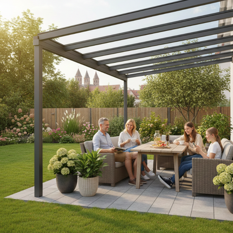 Terrassenüberdachungen Augsburg - Familie sitzt im Garten unter ihrem Terrassendach