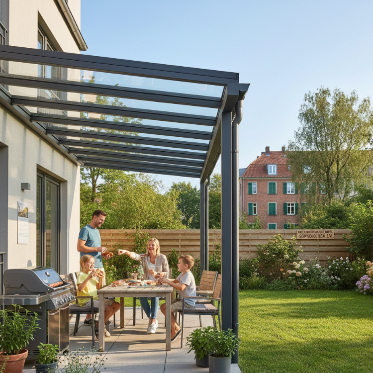 Terrassenüberdachungen Berlin - Glückliche Familie unter Überdachung in ihrem Garten