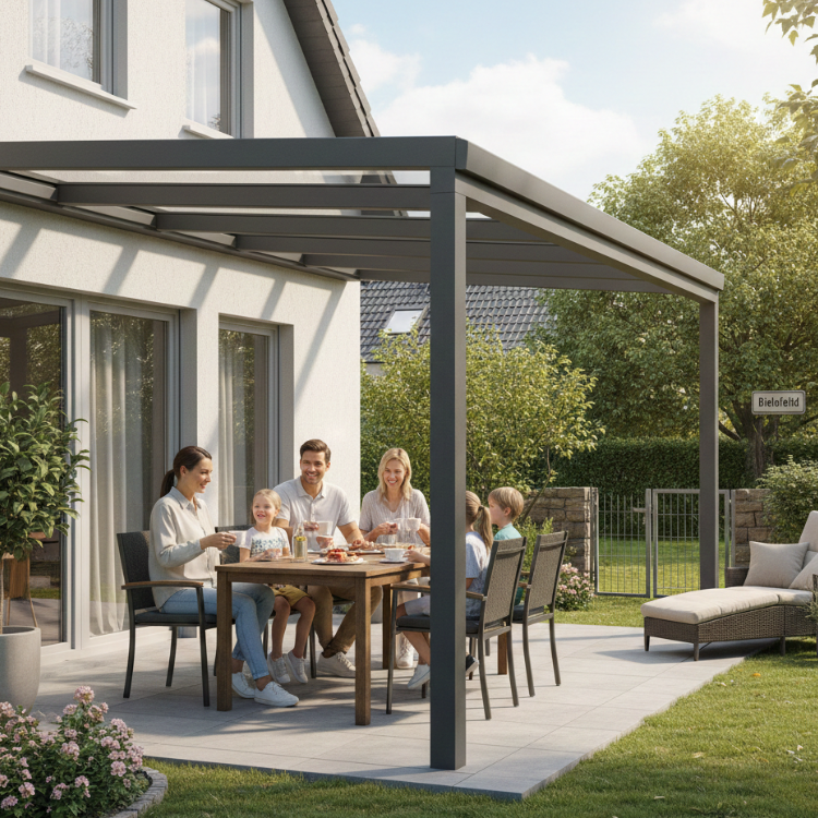 Terrassenüberdachungen Bielefeld - Familie unter Überdachung in ihrem Garten am essen.