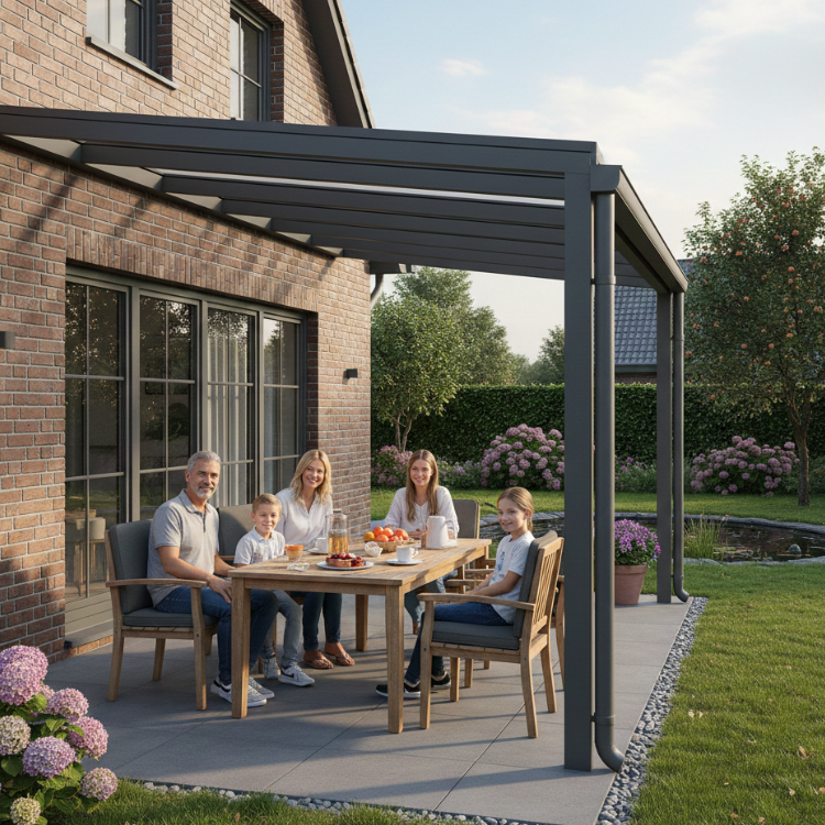 Terrassenüberdachungen Bochum - Zufriedene Familie unter Überdachung in ihrem Garten