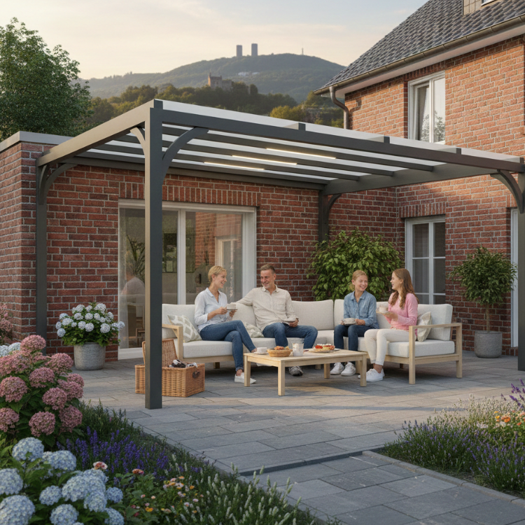 Terrassenüberdachungen Bielefeld - Freunde sitzen unter Überdachung in ihrem Garten.