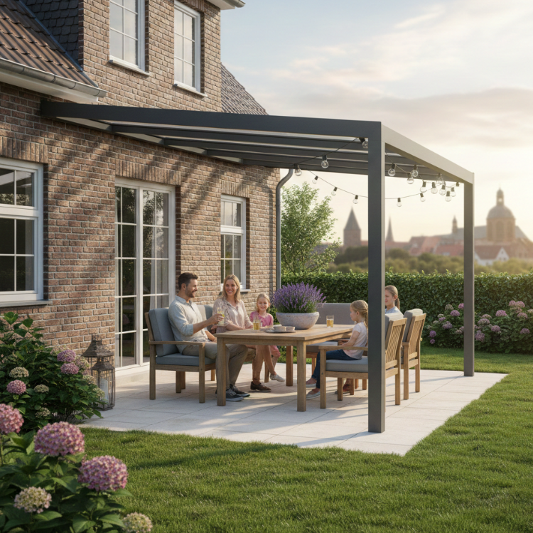 Terrassenüberdachungen Braunschweig - Glückliche Familie entspannt unter Überdachung in ihrem Garten