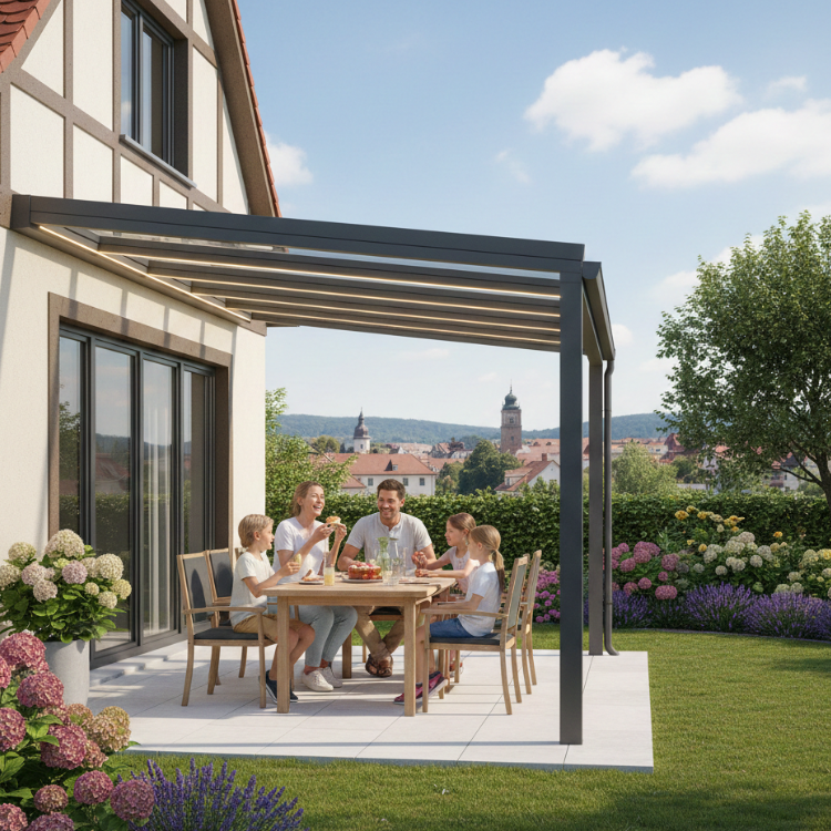 Terrassenüberdachungen Chemnitz - Familienmitglieder sitzen unter Überdachung in ihrem Garten.