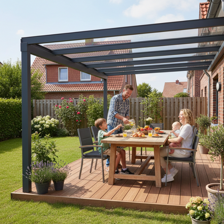 Terrassenüberdachungen Dortmund - Glückliche Familie unter Überdachung in ihrem Garten