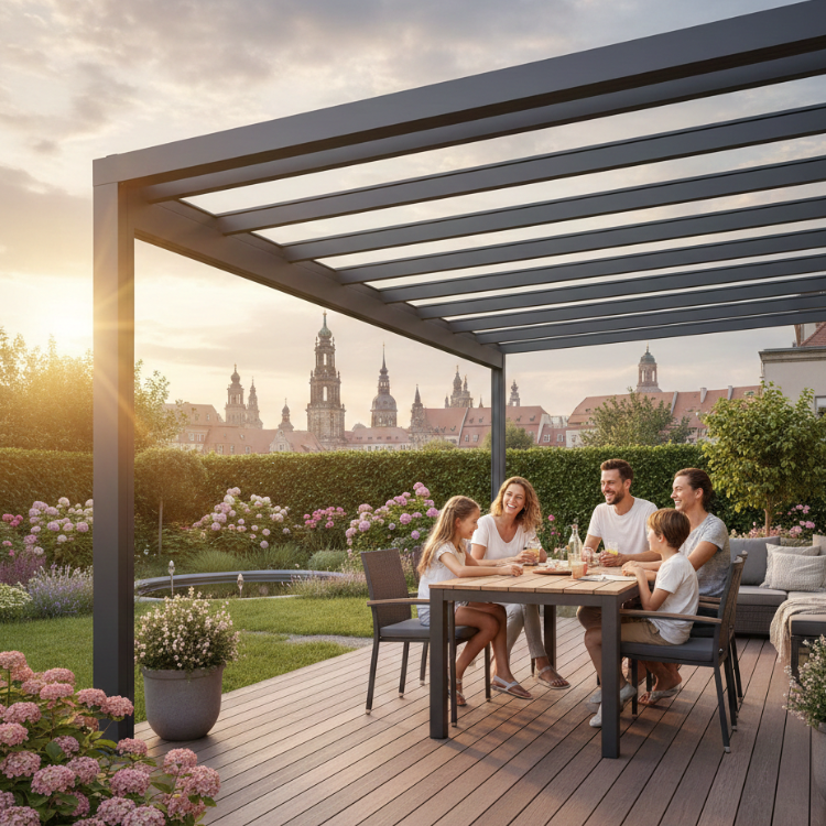 Terrassenüberdachungen Dresden - Zufriedene Familie unter Überdachung in ihrem Garten