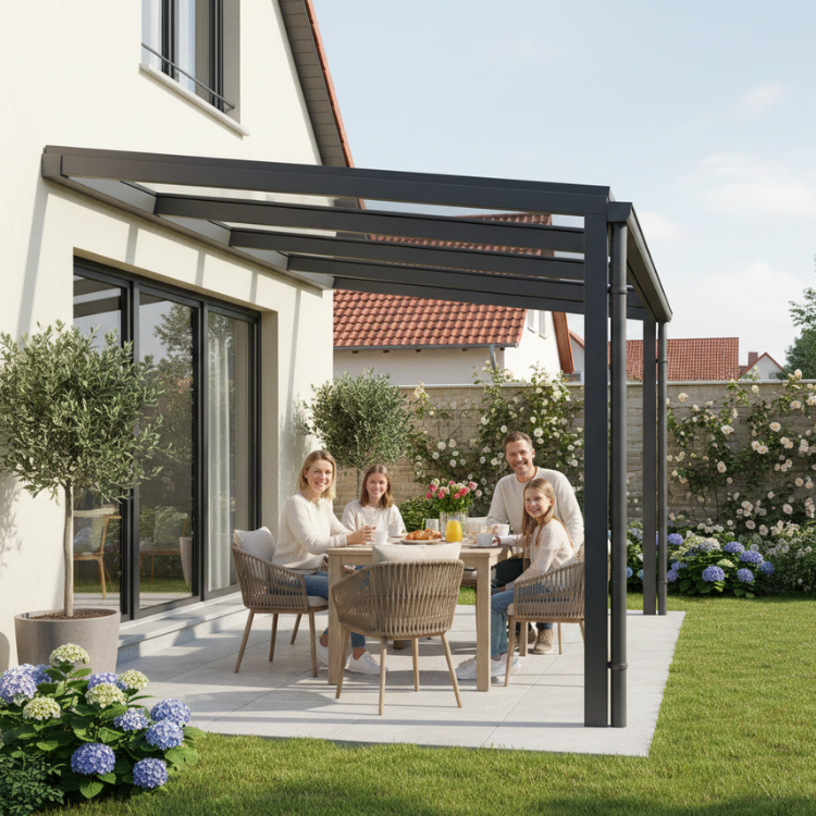 Terrassenüberdachungen Düsseldorf- Glückliche Familie unter Überdachung in ihrem Garten