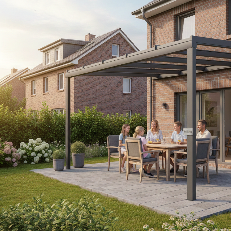 Terrassenüberdachungen Duisburg - Familie unter Überdachung in ihrem Garten am frühstücken.