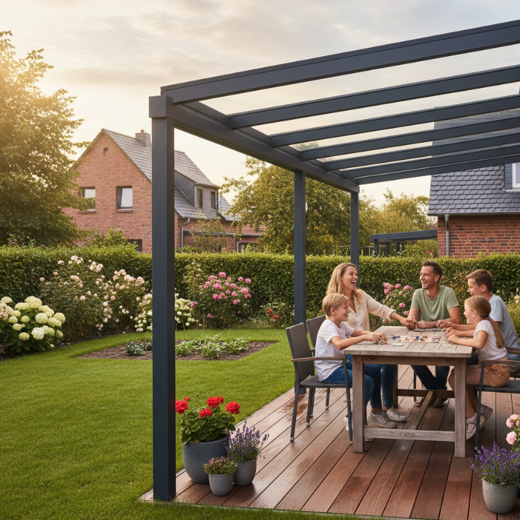 Terrassenüberdachungen Essen - Glückliche Familie unter Überdachung in ihrem Garten