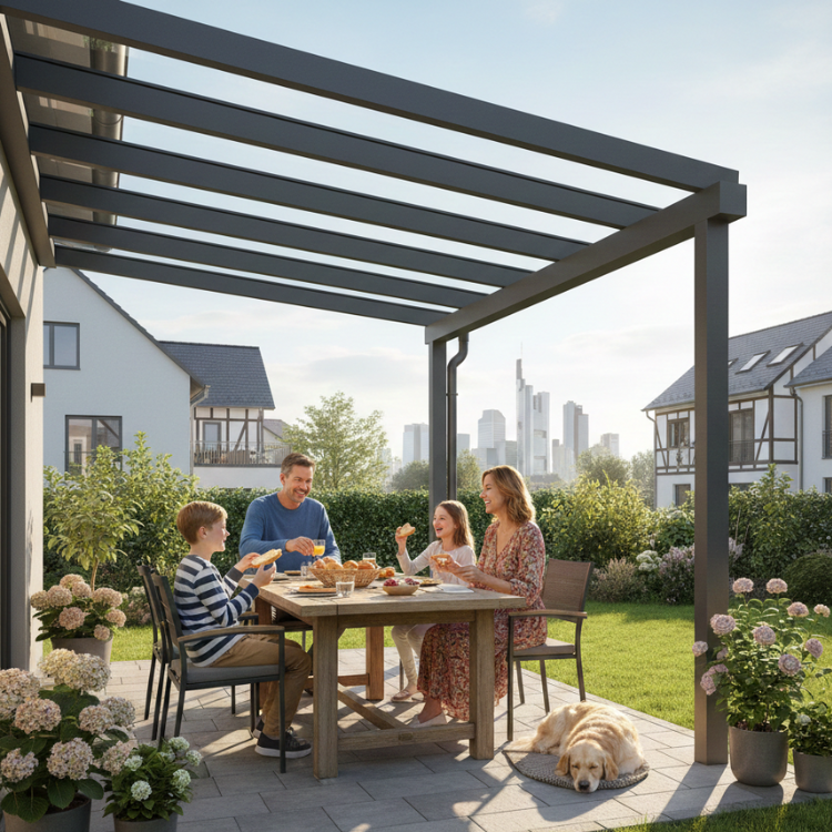 Terrassenüberdachungen Frankfurt - Glückliche Familie unter Überdachung in ihrem Garten