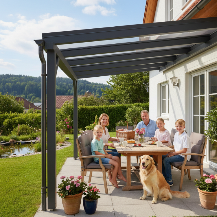 Terrassenüberdachung Freiburg - Glückliche Familie sitzt unter ihrem Terrassendach