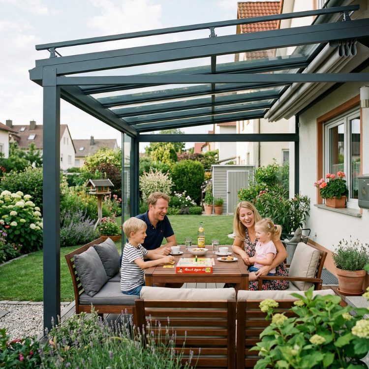 Terrassenüberdachung Fürth - Familie sitzt im Garten unter ihrem Terrassendach