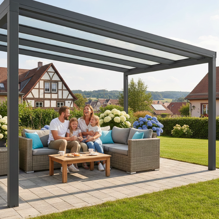 Terrassenüberdachungen Hagen - Familie sitzt im Garten unter ihrer Pergola