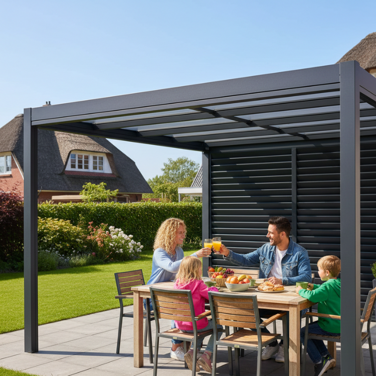 Terrassenüberdachungen Hamburg - Glückliche Familie unter Überdachung in ihrem Garten