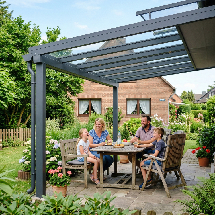 Terrassenübdachung Hamm - Glückliche Familie mit Kinder untern ihrer Überdachung
