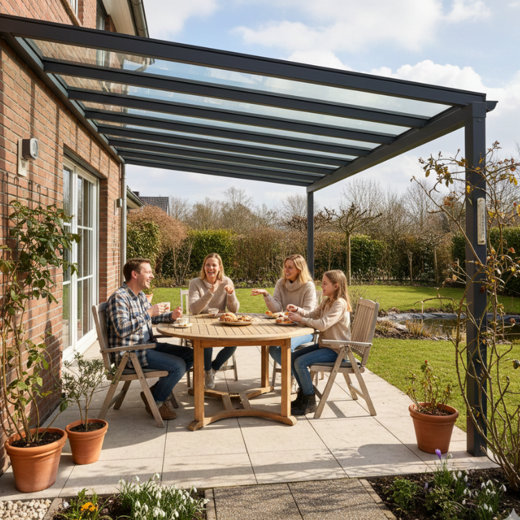 Terrassenüberdachungen Hannover - Glückliche Familie unter Überdachung in ihrem Garten