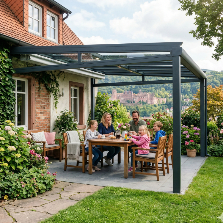 Terrassenüberdachung Heidelberg - Familie im Gartern unter ihrem Terrassendach