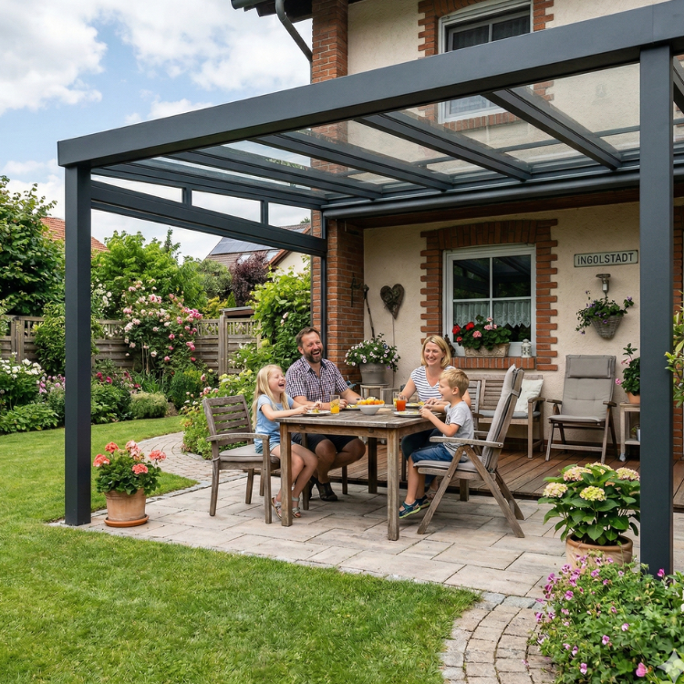 Terrassenüberdachungen Ingolstadt - Familie sitzt im Garten unter ihrer Pergola