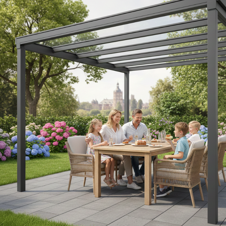 Terrassenüberdachungen Karlsruhe - Familie sitzt im Garten unter ihrem Terrassendach