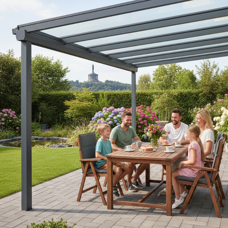 Terrassenüberdachung Kassel - Familie sitzt im Garten unter ihrem Terrassendach