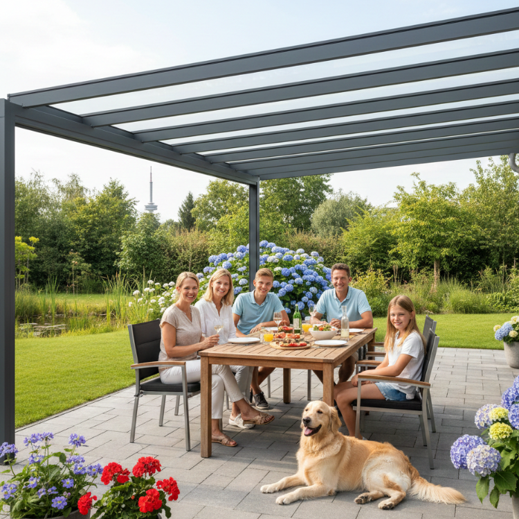 Terrassenüberdachungen Kiel - Familienmitglieder sitzen unter Überdachung in ihrem Garten.