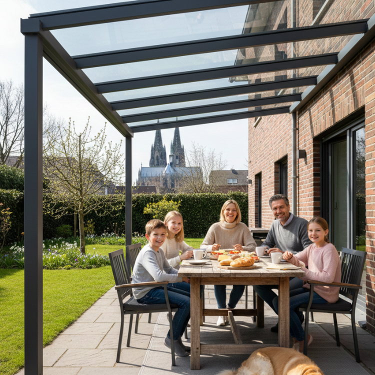 Terrassenüberdachungen Köln - Glückliche Familie unter Überdachung in ihrem Garten