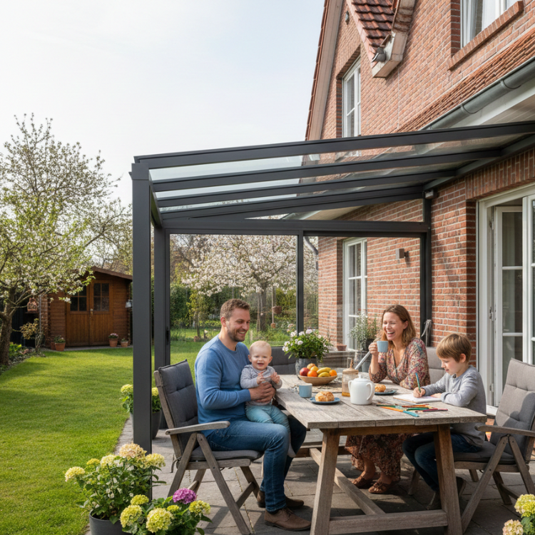 Terrassenüberdachungen Leipzig - Glückliche Familie unter Überdachung in ihrem Garten