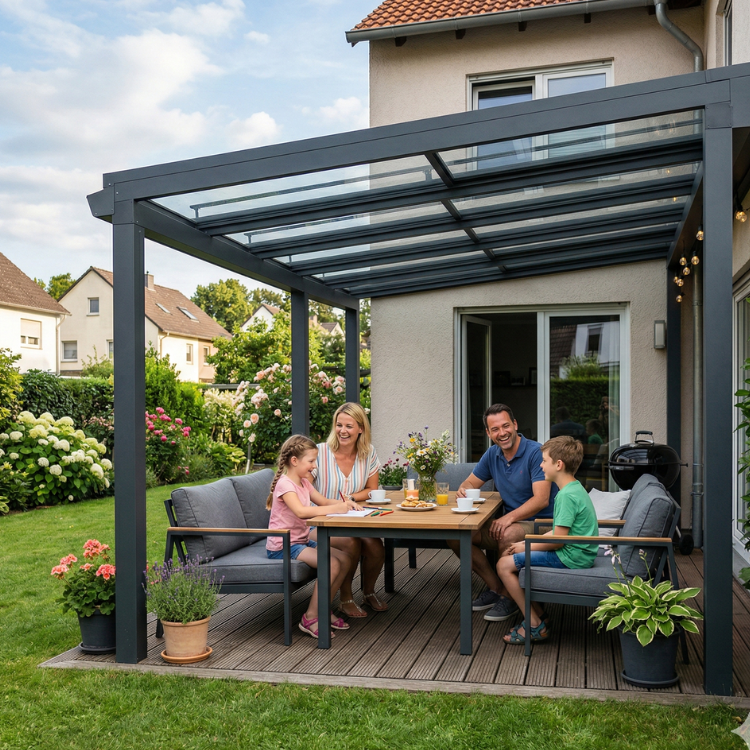 Terrassenüberdachung in Leverkusen - Glückliche Familie unter ihrem Terrassendach