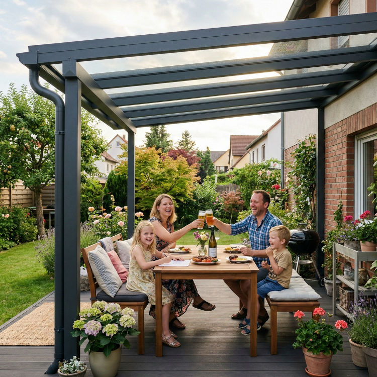 Terrassenüberdachung Ludwigshafen - Glückliche Familie unter ihrem Terrassendach