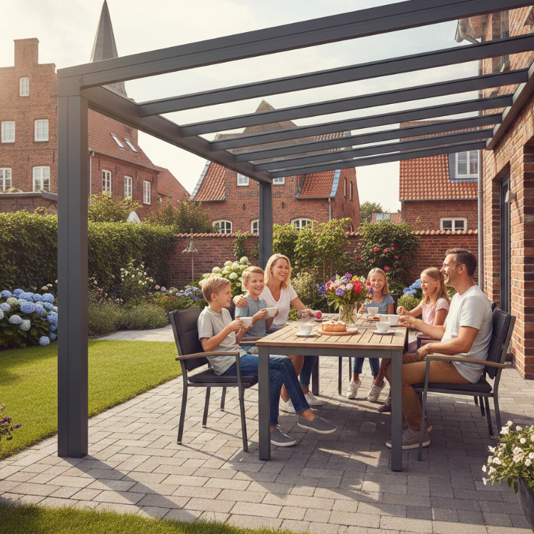 Terrassenüberdachung in Lübeck - Glückliche Familie unter ihrem Terrassendach