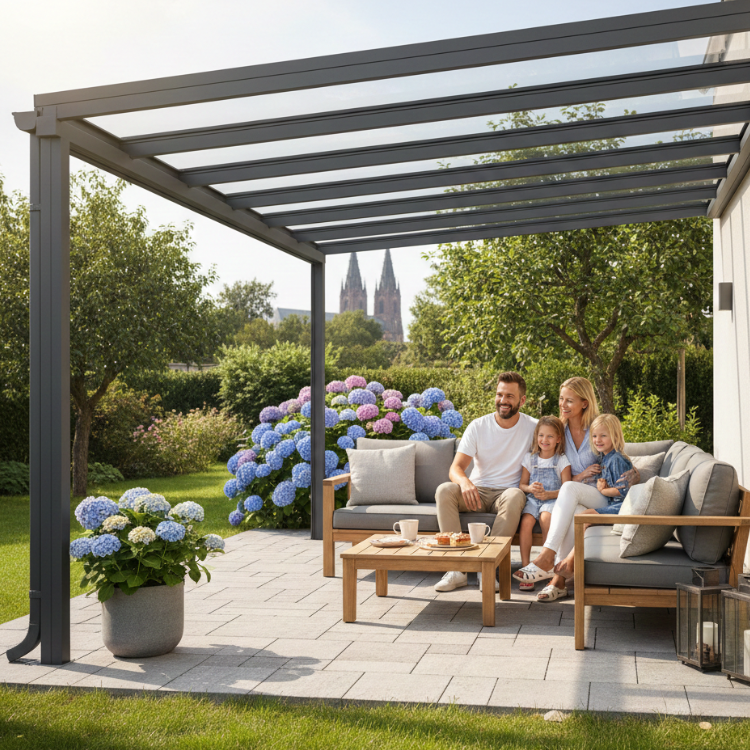 Terrassenüberdachung Magdeburg - Glückliche Familie sitzt unter ihrem Terrassendach
