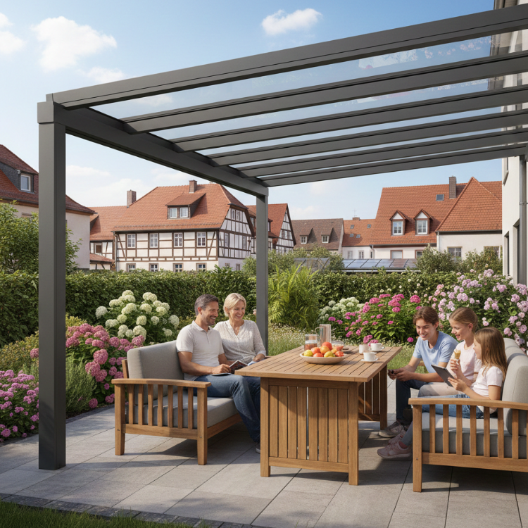 Terrassenüberdachung Mainz - Glückliche Familei sitzt in ihrem Garten