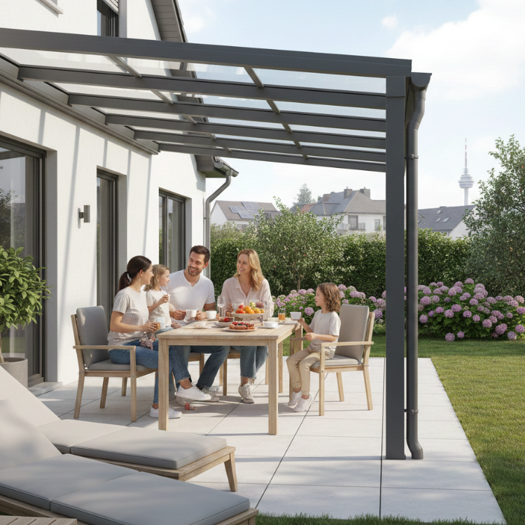 Terrassenüberdachungen Mannheim - Glückliche Familie sitz unter ihrem Terrassendach.