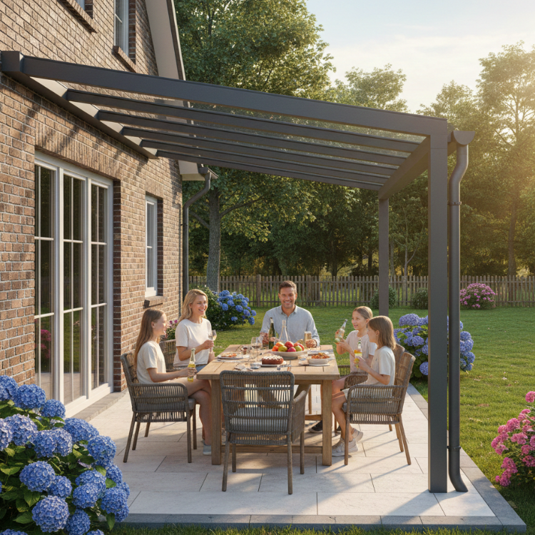 Terrassenüberdachungen Münster - Familie ist unter ihrer Überdachung in ihrem Garten am frühstücken.