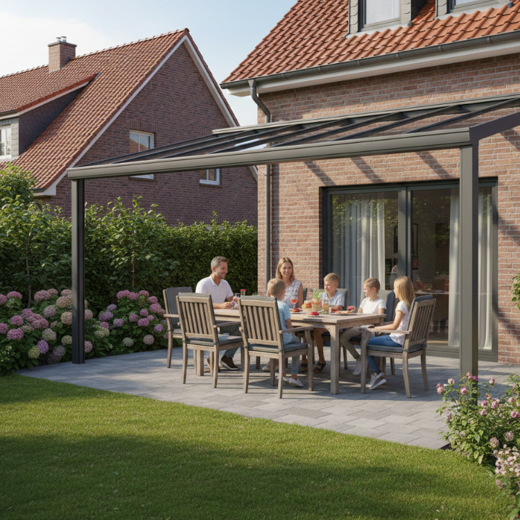 Terrassenüberdachungen Mönchengladbach - Familie sitzt im Garten unter ihrem Terrassendach