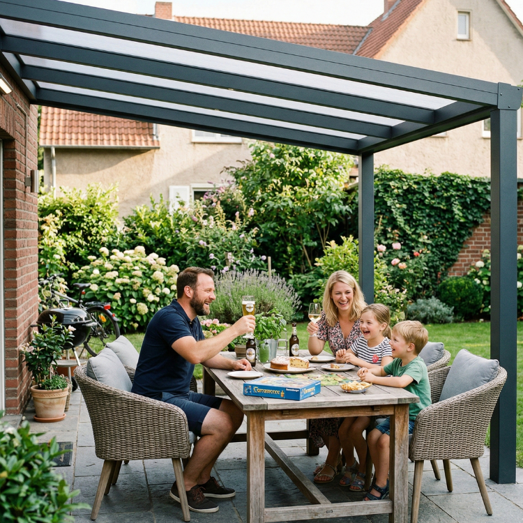 Terrassenüberdachung Mülheim an der Ruhr - Familie sitzt unter ihrer Alu-Überdachung im Garten