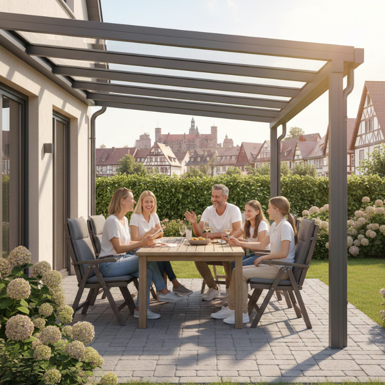 Terrassenüberdachungen Nürnberg - Zufriedene Familie unter Überdachung in ihrem Garten