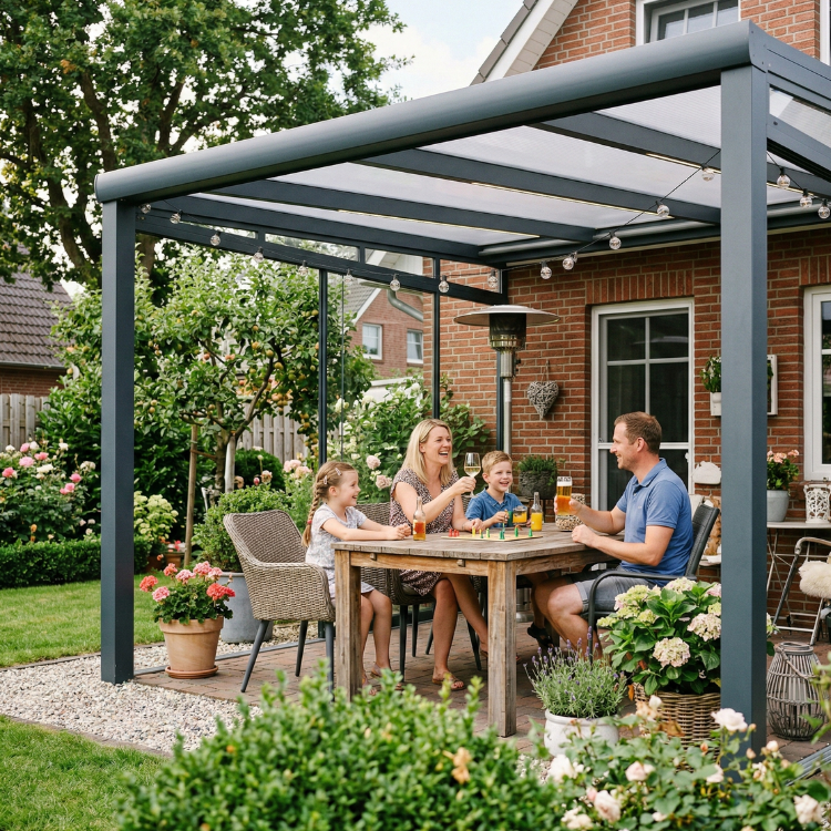 Terrassenüberdachungen Oldenburg - Familie sitzt im Garten unter ihrer Pergola