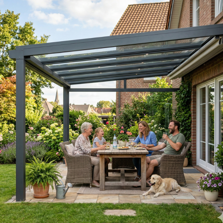 Terrassenüberdachung in Paderborn - Glückliche Familie unter ihrem Terrassendach